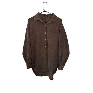White Fox Brown Ribbed Corduroy Button-Up Shirt Shacket & Chest Pocket S/M S